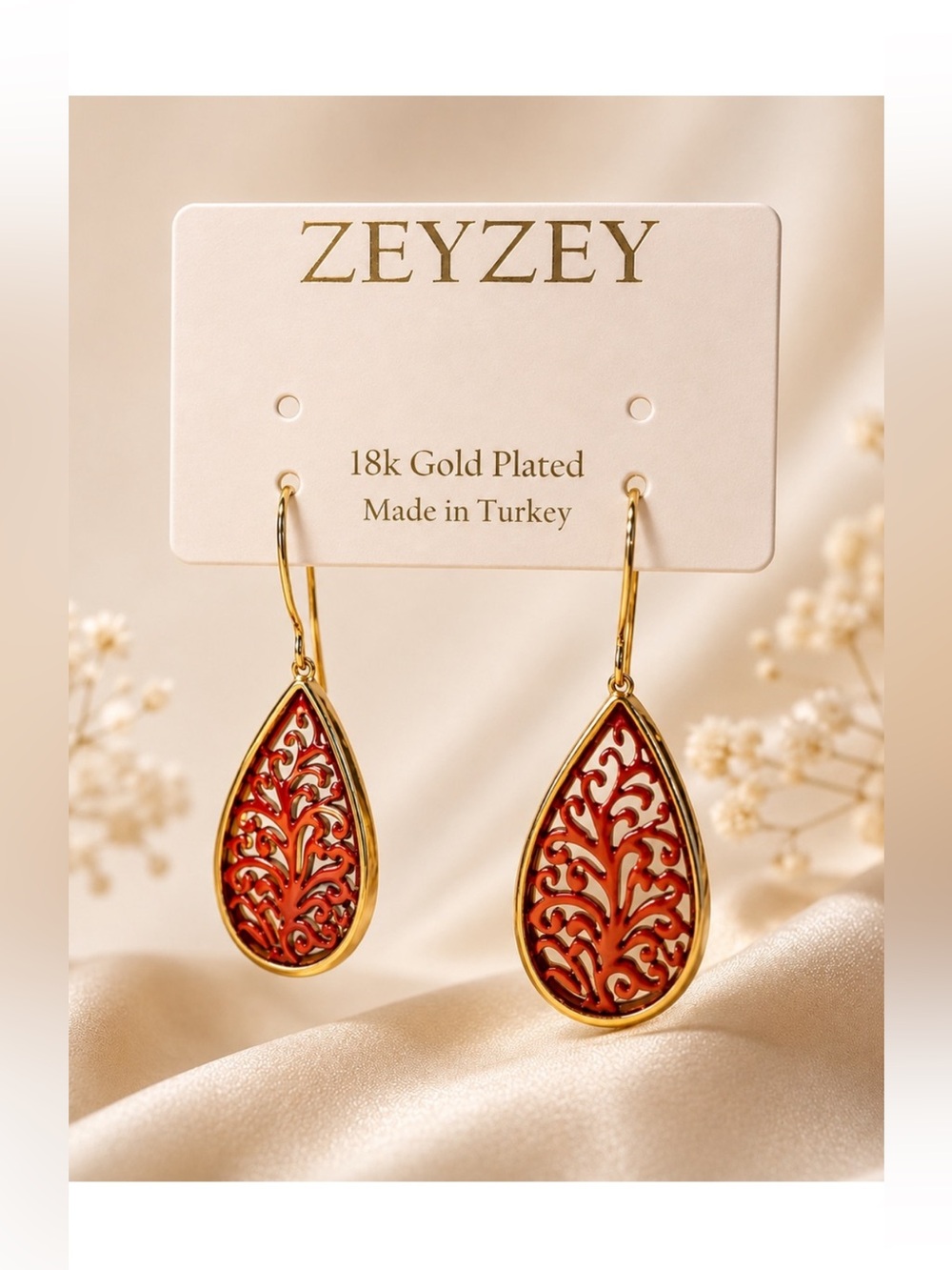 ZEYZEY Filigree Drop Earrings in Gold & Red NWT